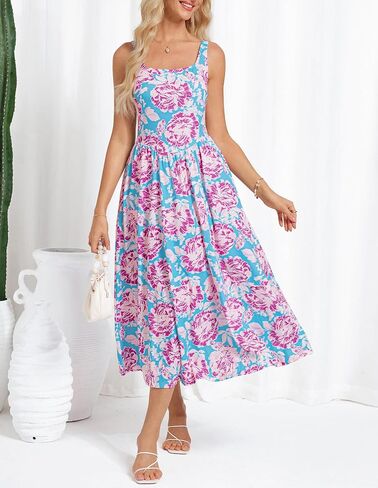 GRACE KARIN Women's Summer Floral Midi Dress 2025 Sleeveless Square Neck Boho Beach Casual Dresses with Pockets in Saudi Arabia