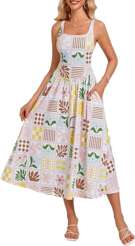 GRACE KARIN Women's Summer Floral Midi Dress 2025 Sleeveless Square Neck Boho Beach Casual Dresses with Pockets in Saudi Arabia