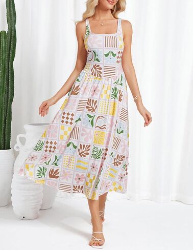 GRACE KARIN Women's Summer Floral Midi Dress 2025 Sleeveless Square Neck Boho Beach Casual Dresses with Pockets in Saudi Arabia