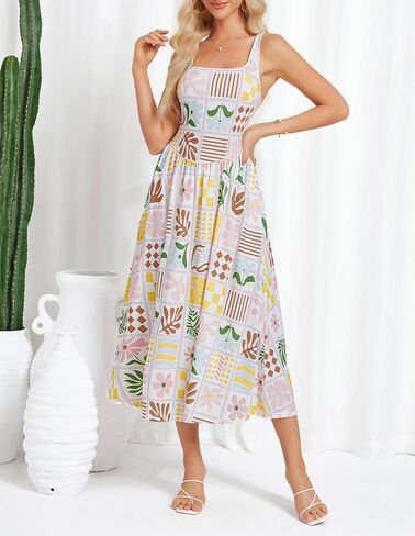 GRACE KARIN Women's Summer Floral Midi Dress 2025 Sleeveless Square Neck Boho Beach Casual Dresses with Pockets in Saudi Arabia