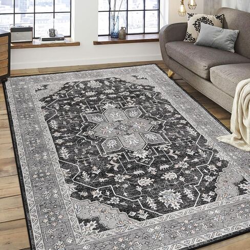 FlyDOIT Vintage Area Rugs for Living Room, 4x6 Grey Floral Medallion Washable Rug for Bedroom, Faux Wool Ultra Soft Retro Accent Rug, Non Slip Indoor Carpet for Kitchen Office Dining Room Decor in Kuwait