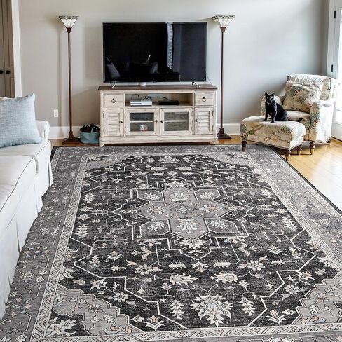 FlyDOIT Vintage Area Rugs for Living Room, 4x6 Grey Floral Medallion Washable Rug for Bedroom, Faux Wool Ultra Soft Retro Accent Rug, Non Slip Indoor Carpet for Kitchen Office Dining Room Decor in Kuwait