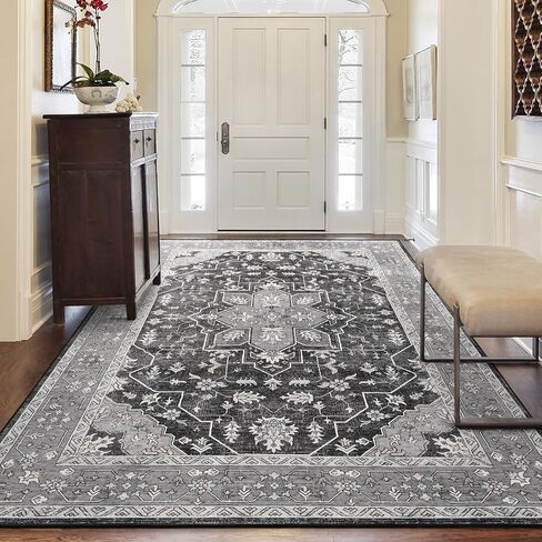 FlyDOIT Vintage Area Rugs for Living Room, 4x6 Grey Floral Medallion Washable Rug for Bedroom, Faux Wool Ultra Soft Retro Accent Rug, Non Slip Indoor Carpet for Kitchen Office Dining Room Decor in Kuwait