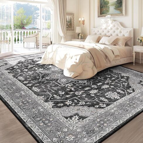 FlyDOIT Vintage Area Rugs for Living Room, 4x6 Grey Floral Medallion Washable Rug for Bedroom, Faux Wool Ultra Soft Retro Accent Rug, Non Slip Indoor Carpet for Kitchen Office Dining Room Decor in Kuwait