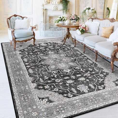 FlyDOIT Vintage Area Rugs for Living Room, 4x6 Grey Floral Medallion Washable Rug for Bedroom, Faux Wool Ultra Soft Retro Accent Rug, Non Slip Indoor Carpet for Kitchen Office Dining Room Decor in Kuwait