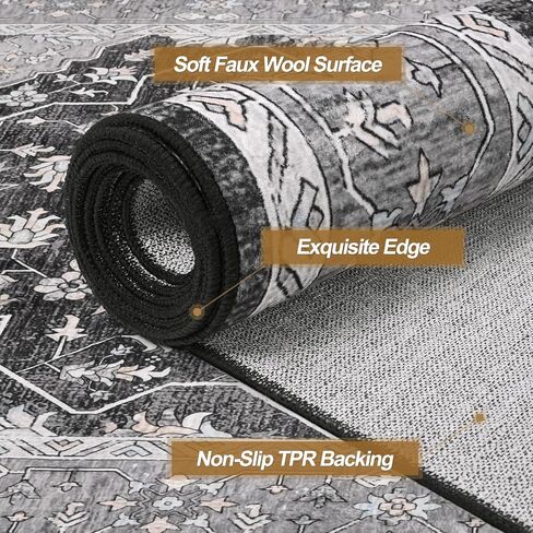 FlyDOIT Vintage Area Rugs for Living Room, 4x6 Grey Floral Medallion Washable Rug for Bedroom, Faux Wool Ultra Soft Retro Accent Rug, Non Slip Indoor Carpet for Kitchen Office Dining Room Decor in Kuwait