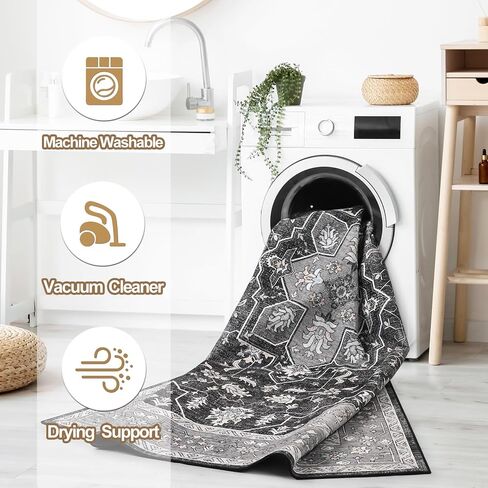 FlyDOIT Vintage Area Rugs for Living Room, 4x6 Grey Floral Medallion Washable Rug for Bedroom, Faux Wool Ultra Soft Retro Accent Rug, Non Slip Indoor Carpet for Kitchen Office Dining Room Decor in Kuwait