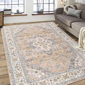 FlyDOIT Vintage Area Rugs for Living Room, 4x6 Grey Floral Medallion Washable Rug for Bedroom, Faux Wool Ultra Soft Retro Accent Rug, Non Slip Indoor Carpet for Kitchen Office Dining Room Decor