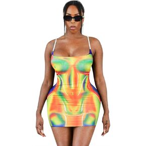 Greenery-GRE Womens Sexy Spaghetti Strap Bodycon Mini Dress 3D Body Print Tight Slip Midi Dress for Date Night Outfits