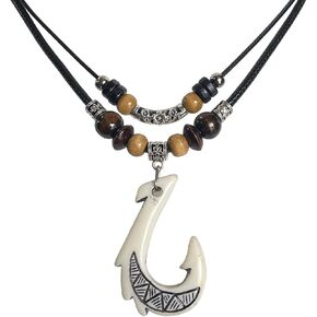 White Hawaiian Fish Hook Pendant Necklace Hemp Cord Chain - Maori Tribal Necklace - Adjustable Black Cord