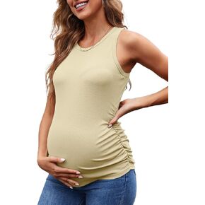 Women's Maternity Tank Tops Summer Sleeveless Crewneck Ribbed Slim Fitted Blouse Side Ruched Pregnancy Shirts