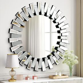 QDSSDECO Round Mirror Sunburst Wall Mirror 31.5" Beveled Edge Frameless for Living Room Bathroom Bedroom Entryway Decor
