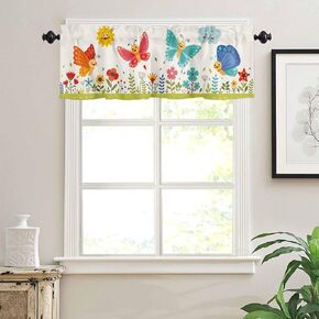 Curtain Valances for Windows, Children's Day Cartoon Butterfly Flowers Rod Pocket Valance Window Treatments Short Curtains for Kitchen Bathroom Living Room 42 x 12 Inches, 1 Panel
