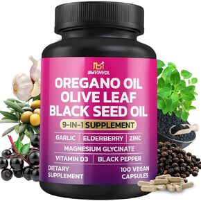 BMVINVOL Oregano Garlic Olive Leaf Black Seed + 5 More - Immune Support & Digestive Health Supplement for Women and Men - 100 Capsules