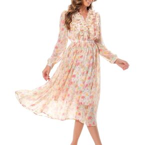 Shineflow Women Floral Print V Neck Long Sleeves Ruffles Pleated Chiffon Flowy Swing Midi Dress