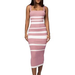 CutieLove Women's Casual Sleeveless Striped Bodycon Midi Dress Square Neck Ribbed Knit Dresses