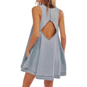 Womens Denim Dress Casual Sleeveless Jean Mini Dresses Loose A-Line Jumper Dress with Pockets