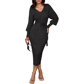 فستان سترة نسائي للخريف والشتاء من ZESICA بأكمام طويلة وطية صدر على شكل حرف V ورقبة مضلعة وقصة ضيقة فساتين متوسطة الطول مع حزام in Kuwait