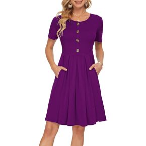 AUSELILY Women's Short Sleeve Summer Dress Pleated Button Down Knee Length Dresses with Pockets 2025 New