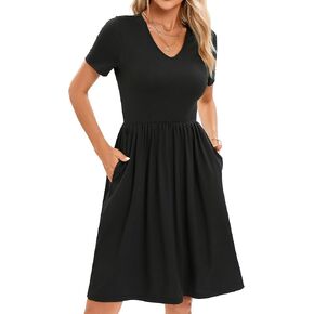2025 Women's Spring Casual Short Sleeve Pleated A-Line Midi Loose Fit Swing Dresses T-Shirt Flowy Sundress with Pockets