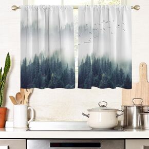 AAtter Green Forest Window Curtains for Kitchen Tree Woodland Floral White Grey Fog Birds Small Short Home Living Room Bedroom Bathroom Drapes Treatment Tiers Fabric 1 Pair, 27.5" W x 39" L, Nature