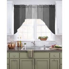 Farmhouse Swag Curtain Valance for Kitchen,Farm Retro Wood Baord Rod Pocket Curtains Swag Topper,Country Black Gray Gradient Plank Light Filtering Swag Valances for Bedroom Bathroom Living Room