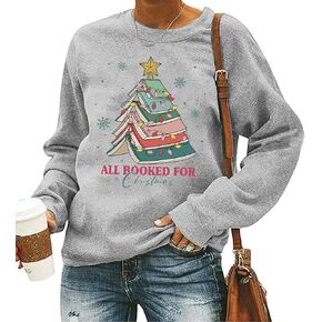 QIANRUO All Booked for Christmas Sweatshirt Women Book Lover Xmas Gift Shirt Funny Christmas Book Tree Graphic Pullover Tops