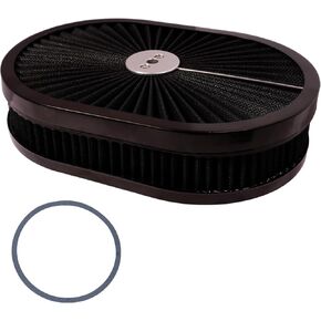 12"x2" Oval Air Cleaner Filter Assembly 5-1/8" Carb Neck w/Flow-Thru Lid High Flow Chrome Compatible For GMC Chevy Ford Chryler Dodge Fit for 5-1/8" carb neck (BLACK)