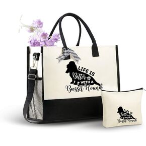 InnoBeta Basset Hound Gifts for Women Canvas Tote Bag, Basset Hound Gifts Tote with Top Zipper Closure and Shoulder Strap for Birthday, Mother's Day, Christmas