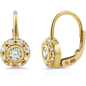 BERRICLE Sterling Silver Halo Round Cut Cubic Zirconia CZ Anniversary Leverback Dangle Drop Earrings for Women (Yellow Gold Flashed, Rhodium Plated)