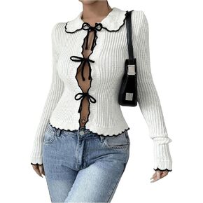 SHENHE Women's Tie Front Bow Cardigan Sweater Collared Y2k Fitted Sexy Knit Top Sweater