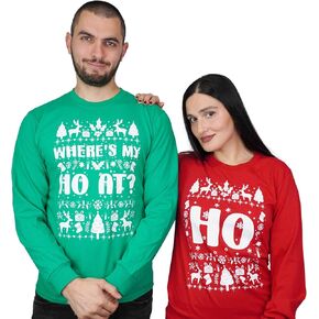 Couple Matching Green Red Ugly Sweater Party Long Sleeve t-Shirts Where's My Ho at Tshirt