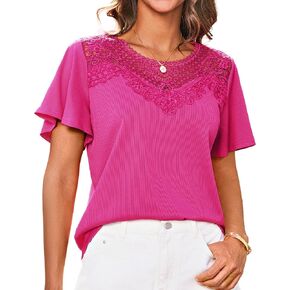 قمصان نسائية صيفية من GRACE KARIN بأكمام مكشكشة 2025 عصرية من الدانتيل مُزينة بالزهور ورقبة دائرية مضلعة تي شيرت بلوزات غير رسمية أنيقة in Kuwait