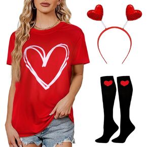 Womens Valentine's Day Shirts Heart Plaid Printed Women Short Sleeve T-Shirts Heart Line Printed Shirts Blouse Tops