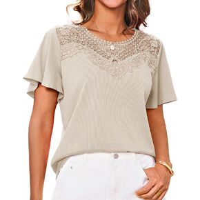 GRACE KARIN Womens Summer Tops Ruffle Sleeve 2025 Trendy Lace Floral Crew Neck Ribbed T Shirts Dressy Casual Blouses