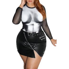 GORGLITTER Women's Plus Sheer Mesh Long Sleeve Tops Crew Neck Y2K Printed Tees Shirt Going Out Tops