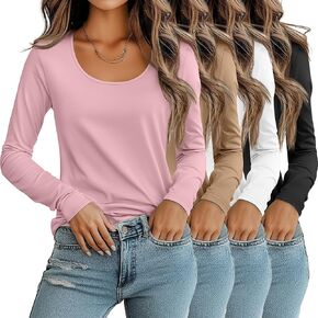 Huukeay 4 Pack Women's Long Sleeve Shirts Casual Scoop Neck Plain Tops Basic Layer T Shirts for Ladies Mulitipack