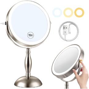 Lights Makeup Mirror, 1X/15X Nickel Magnifying Mirror with 3 Colors, 360°Rotation Touch Screen & Rechargeable Double Sided, Brightness Adjustable Cosmetic Light up Mirror, Type-C charging Cable