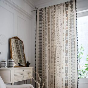 vctops Boho Cotton Linen Curtain Panel with Black Tassels Country Style Geometric Print Room Darkening Rod Pocket Window Curtain One Panel (59"x87",Geometric)