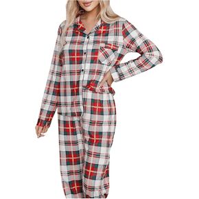 SweatyRocks Women's Plaid Pajama Set Long Sleeve Button Down Top and Pants 2 Piece Lounge Sets Sleepwear