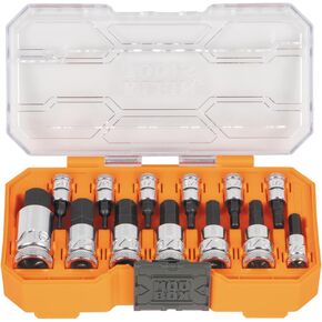 Klein Tools 65213HEX Knurled Hex Bit Socket Set, 1/4, 3/8 and 1/2-Inch Drives, Premium Cr-V Steel, SAE Sizes 5/64 to 9/16-Inch, MODbox Case, 13-Piece