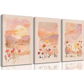 3 Pieces Sunrise Canvas Wall Art Blush Pink Wildflowers Floral and Orange Sunset Watercolor Landscape Paintings Pictures Wall Decor Poster Print Artwork for Living Room Bedroom Home Decoration