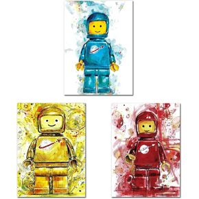 4LittleHeroes - SpaceMan Legos Style Interlocking Figure Prints Room Decor For Boys, Girls And Toddlers, Boys Room Decor Policeman, Fireman, Emmet 4 Posters Set Printed On Ivory Paper Great For Kids