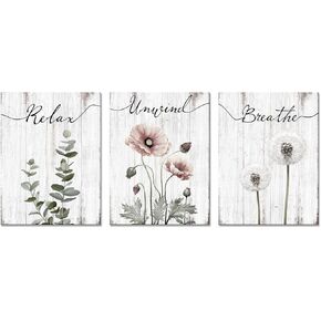 iHAPPYWALL 3 Pieces Botanical Bathroom Wall Art Relax Unwind Breathe Rustic Farmhouse Wooden Signs for Bathroom Home Spa Room Decor Ready to Hang 12x16inchx3pcs (Grey)