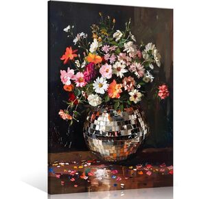 Colorful Moody Florals Disco Ball Canvas Wall Art, Maximalist Funky Wildflowers Bouquet Disco Ball Poster, Retro Cottagecore Flower Prints Paiting, Vintage Eclectic Wall Decor 12x16in Unframed