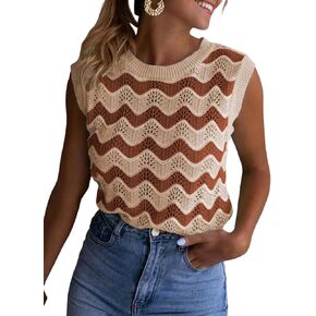 سترة SHEWIN للنساء ذات رقبة مستديرة ومخططة من الكروشيه بدون أكمام in Kuwait