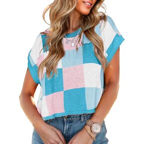 Womens Cap Sleeve Tops Trendy Color Block Tank Top Loose Fit Crew Neck Knit Casual Sweater Spring Summer Tops