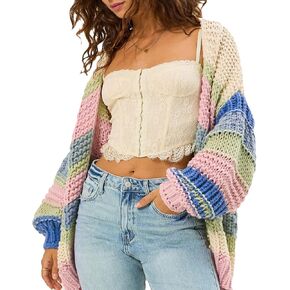 Women's Color Block Striped Cardigan Sweaters Chunky Knit Long Sleeve Open Front Outerwear Y2k Streetwear Outfit