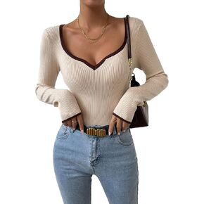 Milumia Women's Contrast Binding Sweetheart Neck Long Sleeve Sweater Tee Tops