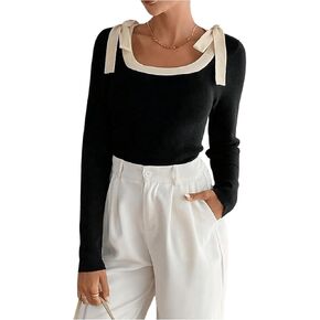SOLY HUX Women's Bow Sweater Scoop Neck Long Sleeve Color Block Pullover Fall Tops